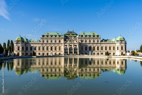 view of the Upper Belvedere Palace in downtown Vienna with reflections in the fountain pool