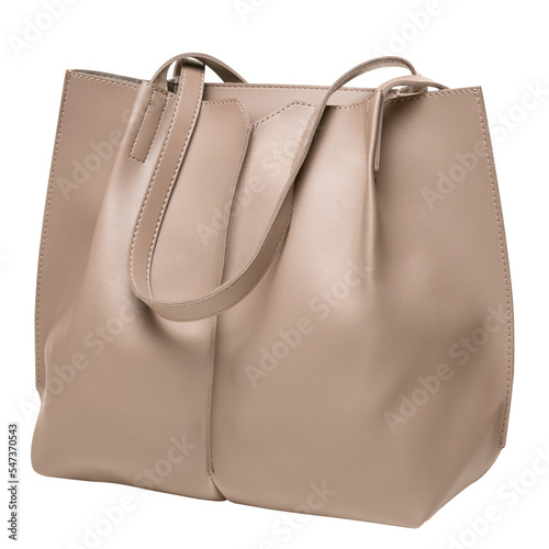 Women's light brown or beige leather bag with handles, isolate