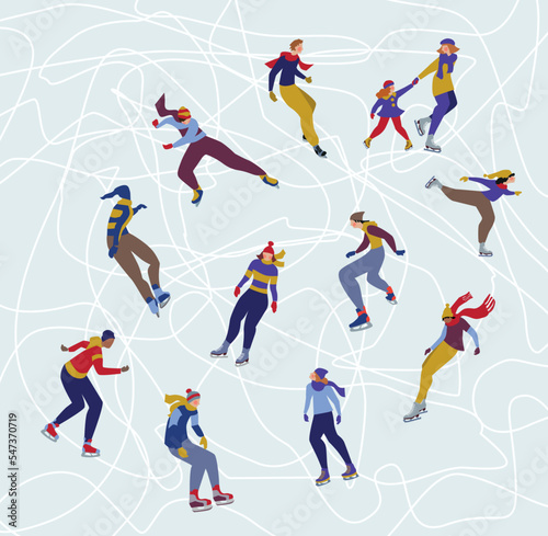 people Ice skating vector illustration, clipart, cartoon colorful funny, ice skate in winter.