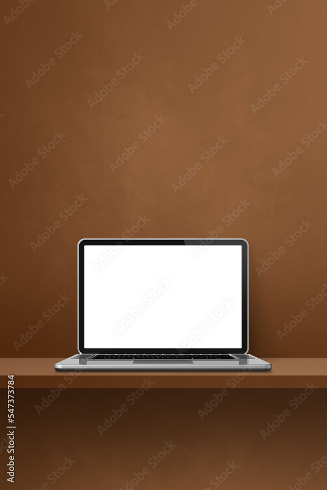 Laptop computer on brown shelf. Vertical background Laptop computer on brown shelf. Vertical background