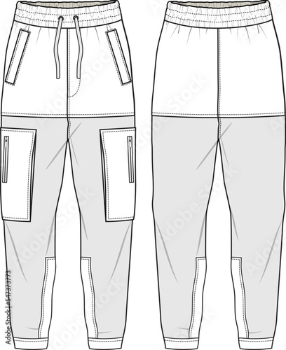 MEN AND BOYS WEAR TRACK JOGGERS AND TROUSERS TECHNICAL FLAT DESIGN VECTOR