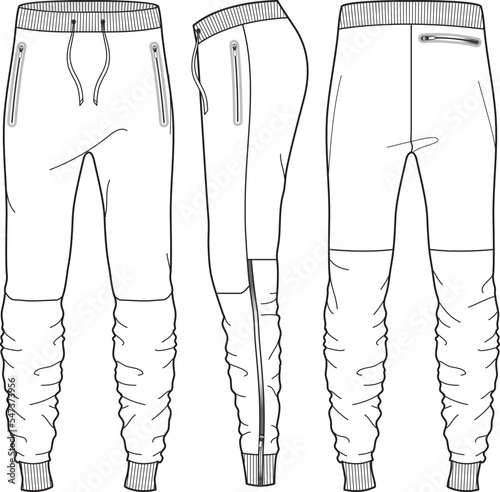 MEN AND BOYS WEAR TRACK JOGGERS AND TROUSERS TECHNICAL FLAT DESIGN VECTOR