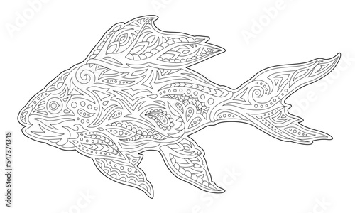 Line art for coloring book with fish silhouette