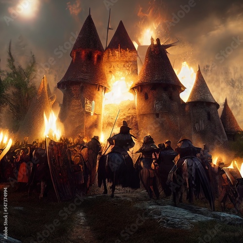 Medieval Soldiers hunting witch. Fantasy scenary. Witch hunter. Historical