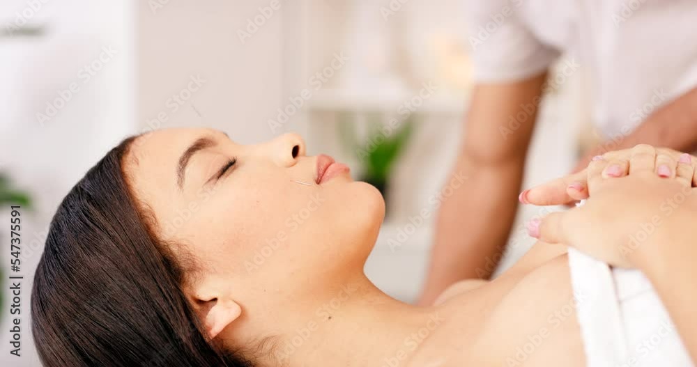 Acupuncture, relax and woman getting facial therapy at a spa for wellness, health and peace. Beauty, needles and therapist doing luxury face or skincare treatment on girl at a healing salon at resort Acupuncture, relax and woman getting facial therapy at a spa for wellness, health and peace. Beauty, needles and therapist doing luxury face or skincare treatment on girl at a healing salon at resort