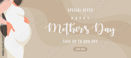 Happy Mother's Day sale banner. Season discount poster with pregnant elegant woman, future mom of hugging belly with arms. Gender reveal party. Flat vector illustration.