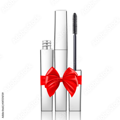 Mascara with a red ribbon and bow, isolated on white background. 3D realistic mockup. Present, Gift, Surprise concept. Cosmetics vector template. Use for advertising, banner, package design.