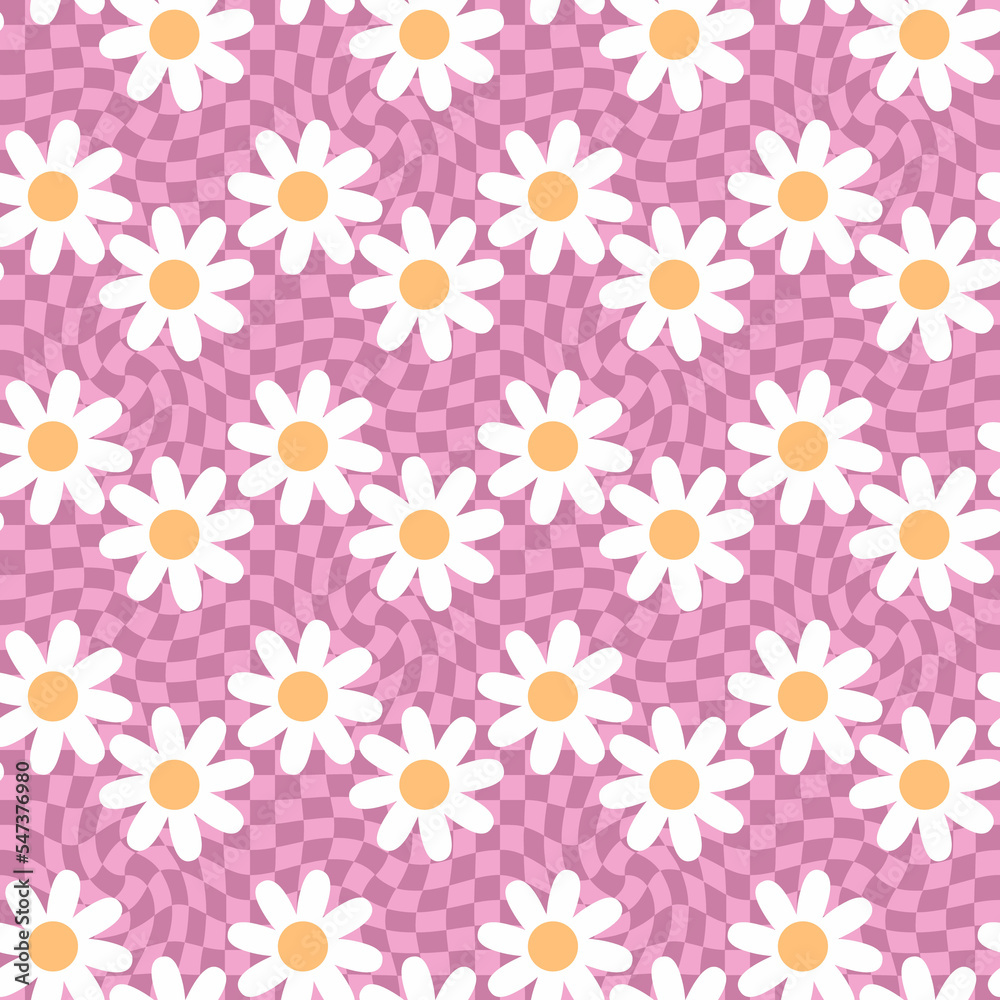 Psychedelic seamless pattern with camomile flowers on trippy grid background. Groovy print for tee, paper, fabric, textile. Retro style illustration for decor and design.