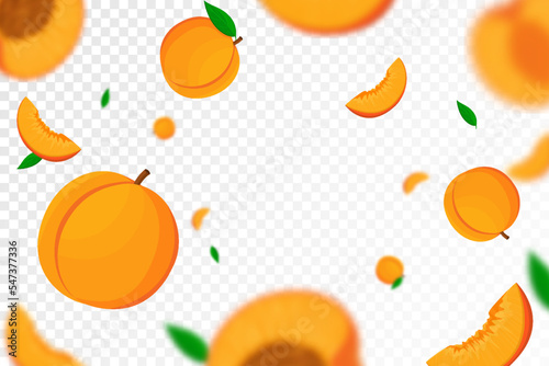 Falling juicy ripe peach fruit, isolated on transparent background. Flying whole and slices of peach with blur effect. Can be used for wallpaper, banner, poster, print. Vector flat design