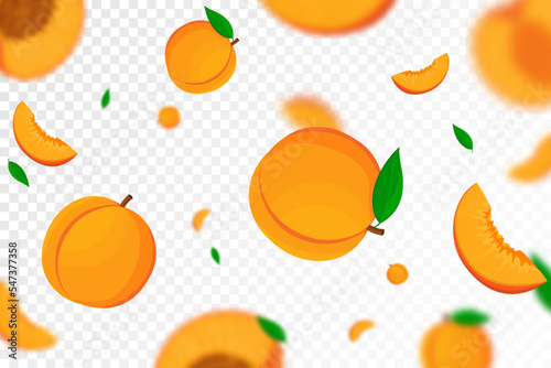 Falling juicy ripe peach fruit, isolated on transparent background. Flying whole and slices of peach with blur effect. Can be used for wallpaper, banner, poster, print. Vector flat design