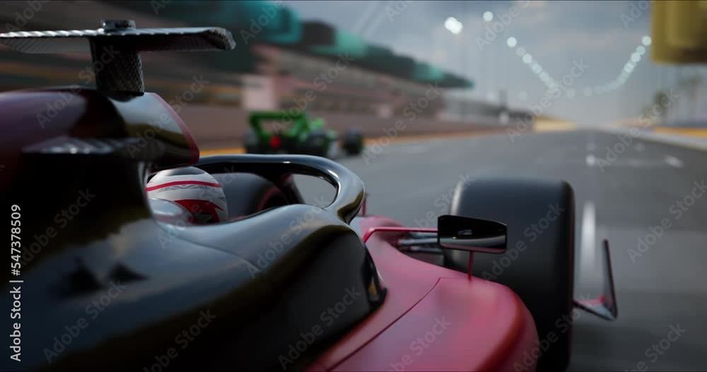 Sports Cars Drive on Winding Race Track to the Finish. Dynamic rear view of a bolide. 3D Rendering