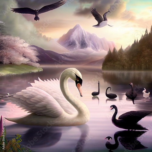 Fotografia A black swan on a lake among white swans