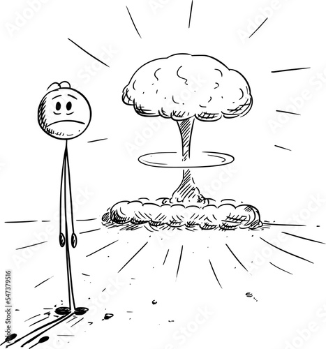 Frustrated Person and Nuclear Explosion, Vector Cartoon Stick Figure Illustration