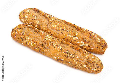 Multigrain bread baguette isolated on white background