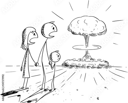 Shocked Family and Nuclear Explosion, Vector Cartoon Stick Figure Illustration