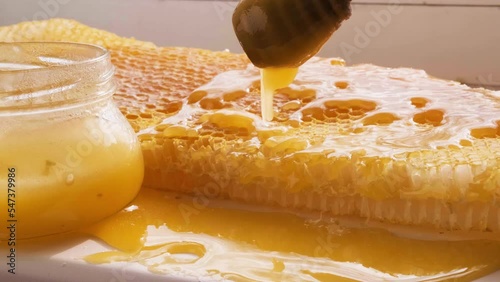 Honey drips from the honey spoon on honeycomb frame. Natural liquid honey flows down from dripper on pieces of bee wax. Fresh apiary products. Producing honey, beekeeping concept