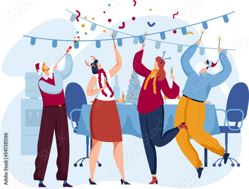 Dancing people party celebration Christmas, Happy New Year holiday, merry christmas. Family holiday people gift box cartoon style vector illustration