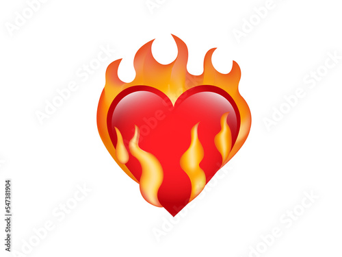 Classic love red glossy heart on fire icon, used for desire on transparent background photo