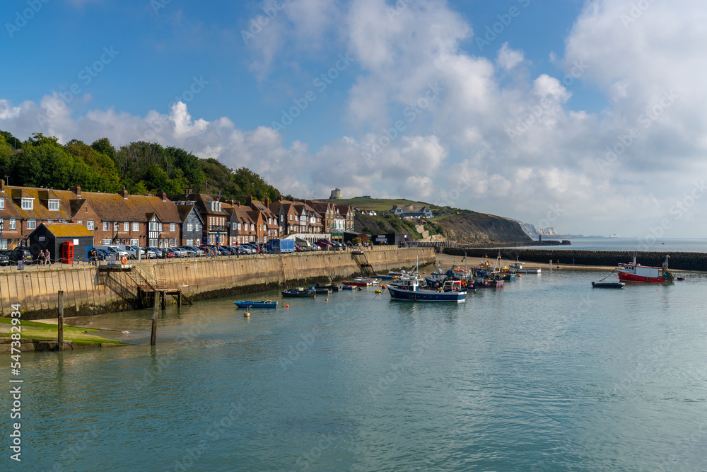 the Folkestone Harbour with many boats at anchor and red brick rowhouses on the waterfront