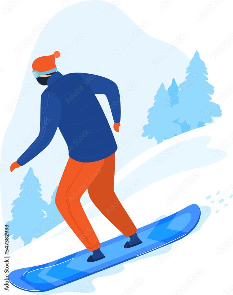 Winte rchristmas snowboard man sport man. Active snowboarding games cartoon style vector illustration isolated on white