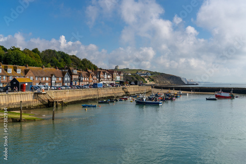 the Folkestone Harbour with many boats at anchor and red brick rowhouses on the waterfront