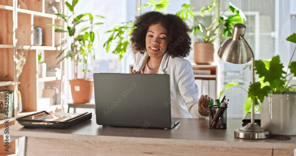 Music, dance and businesswoman dancing to radio podcast, streaming online with laptop and fun freedom with web audio for inspiration . Employee, energy and listening to audio song on internet at work