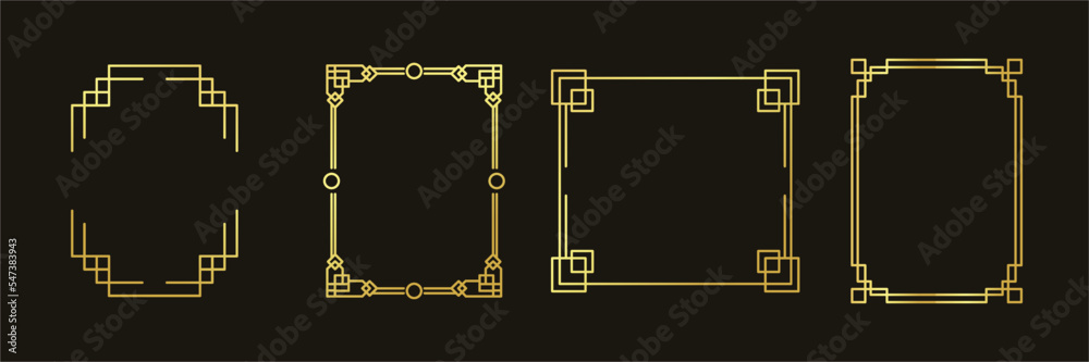 Set of luxury geometric gold frame vector. Gradient gold art deco, antique, vintage style, geometric line shape on black background. Elegant design illustration for card, decoration, poster, banner.