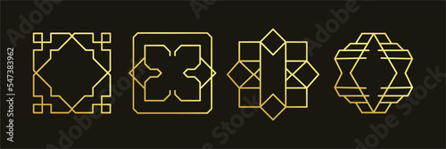 Set of luxury geometric gold frame vector. Gradient gold art deco, antique, vintage style, geometric line shape on black background. Elegant design illustration for card, decoration, poster, banner.