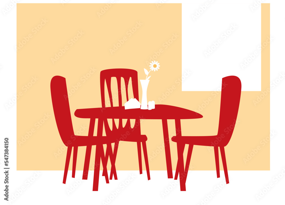 We are waiting for guests. Inside a cozy cafe. Served table, chairs, interior. Vector image for prints, poster and illustrations.