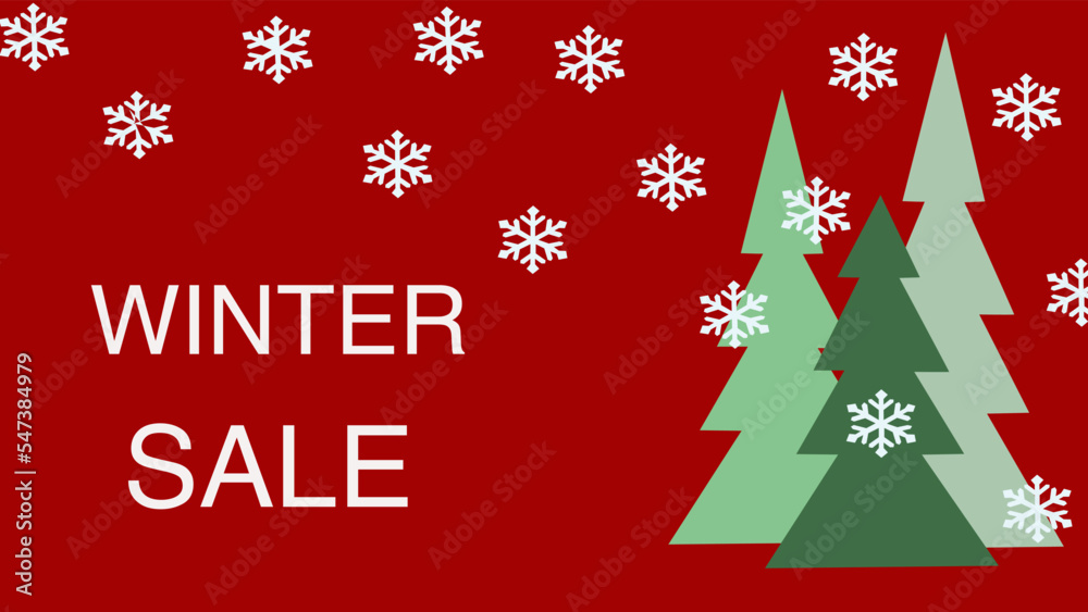 Christmas tree and snowflakes in the red background card for winter sale Christmas tree and snowflakes in the red background card for winter sale