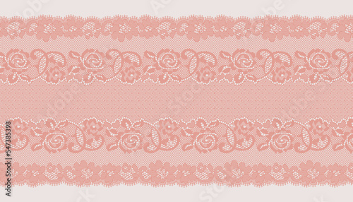 Rose pink lace trim on white background.