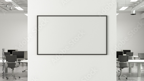 Blank horizontal poster mock up on the wall of modern office interior.