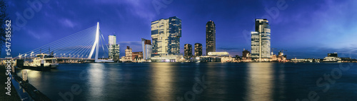 Print op canvas Evening cityscape, panorama, banner - view of Rotterdam with Tower blocks in the