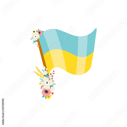 Ukrainian national flag. Yellow blue. Flag Day. The symbol of Ukraine is decorated with flowers. Vector illustration in simple hand drawn style. Isolate on a white background.