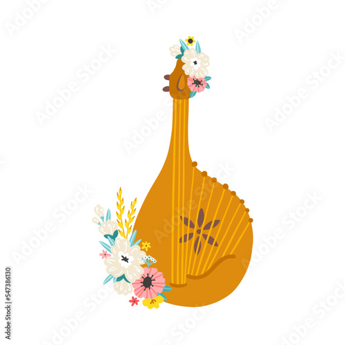 Bandura Ukrainian national musical instrument decorated with flowers. A symbol of Ukrainian culture. Vector illustration in simple hand drawn style. Isolate on a white background in pastel colors.