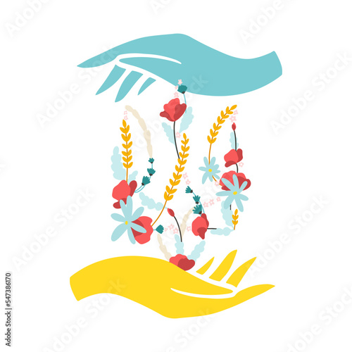 Ukrainian national coat of arms of traditional flowers in yellow and blue hands. Symbol of victory of Ukraine. Vector illustration in simple hand drawn style. Isolate on a white background in pastel.