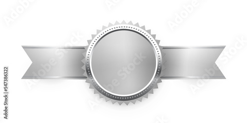 3d silver medal on ribbon, seal trophy vector illustration. Realistic isolated steel circle medallion with frame for official winner, honor prize badge for best quality and victory of champion