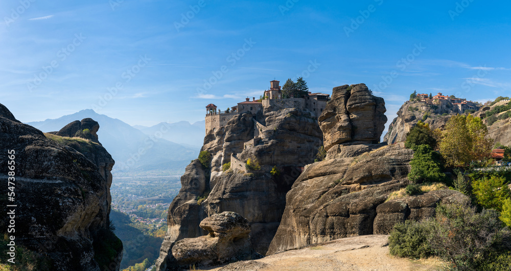 landscape of the Meteora rock formations with Varlaam and Great Meteoro monasteries in view