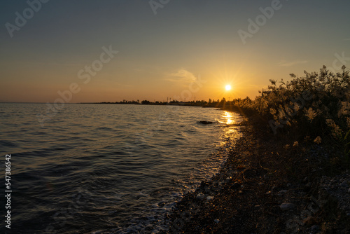 sunset on a rocky beach on the Mediterranenan coast of Greece with reeds on the shore photo