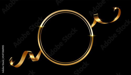 Gold round frame with golden silk ribbon vector illustration. Realistic 3d circle vintage luxury banner for memorial awards ceremony, elegant frame invitation on black background.