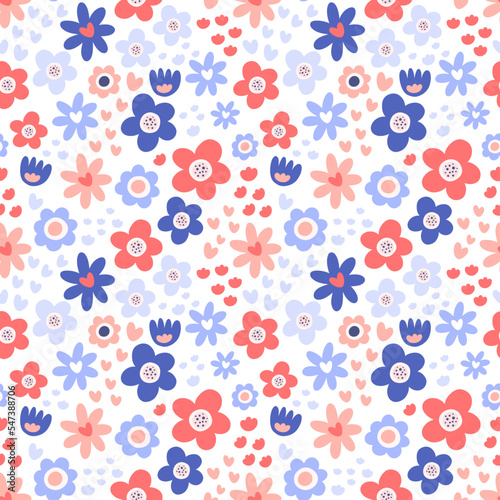 red and blue abstract floral, cute seamless pattern for kids wear photo