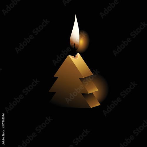 Christmas background with wax stylized candle lighting in darkness