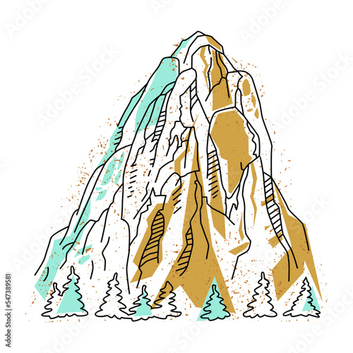 Mountain and trees. Graphic abstract mountain drawn with a black contour line on a background of blue and brown spots. Vector flat illustration on the theme of mountains and mountain tourism.