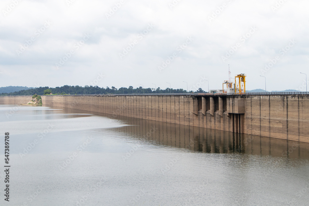 Image of Khun Dan Prakan Chon Dam in Nakhon Nayok Thailand. It is longest compacted concrete dam in Thailand and in world. to store water during rainy season in dry season and to prevent flooding.