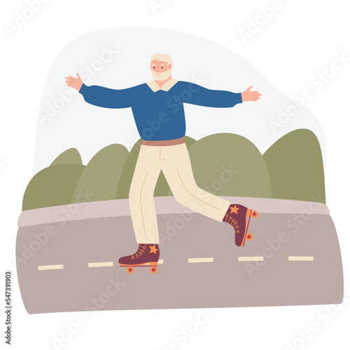 old man rollerblading in the park. Active old man. Extreme city sport, healthy lifestyle. Stock vector illustration in flat style.