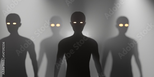 Group of scary looking human sihouettes with glowing eyes front of spotlight in foggy scene. 3d render illustration photo
