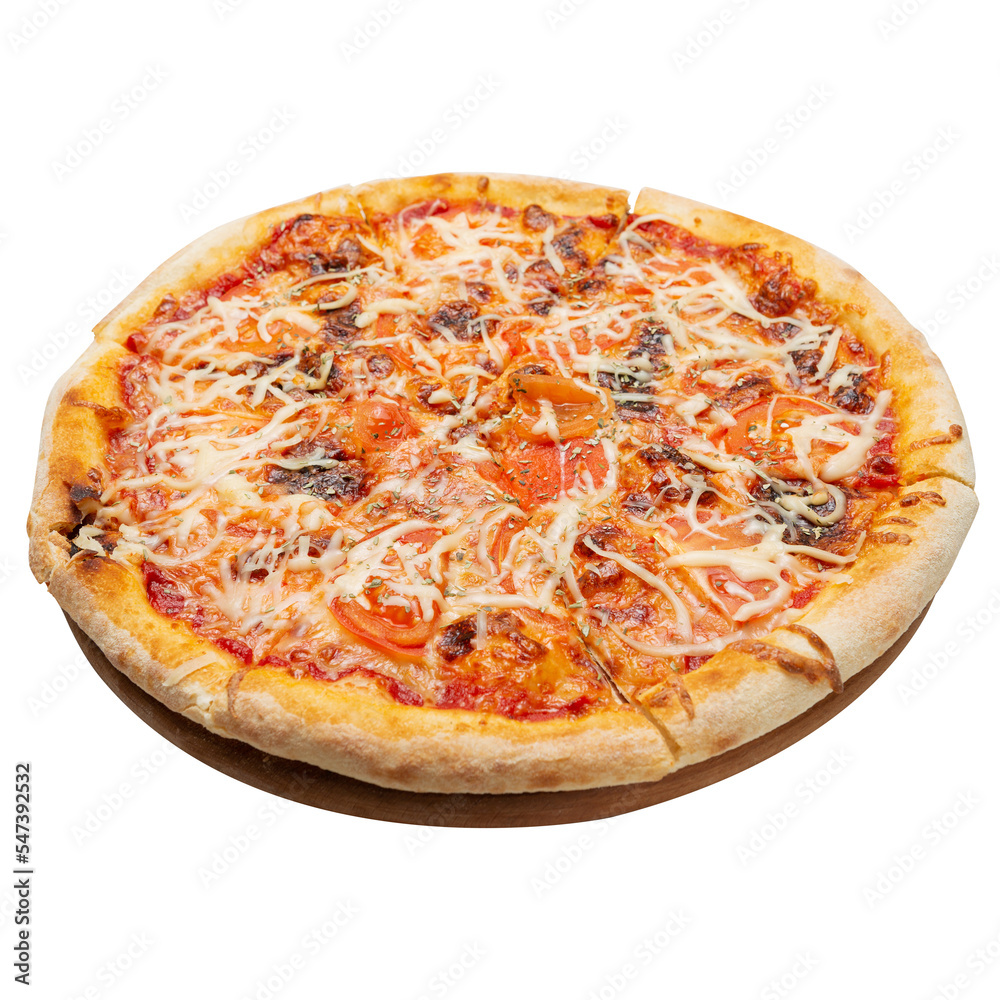Italian pizza with tomatoes and cheese, on a round board, isolate