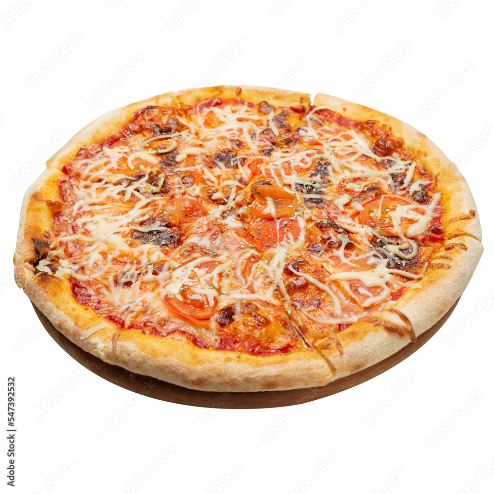 Italian pizza with tomatoes and cheese, on a round board, isolate Italian pizza with tomatoes and cheese, on a round board, isolate