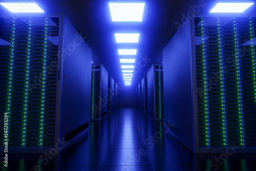 Server room interior with blue lights in data center. 3D Render