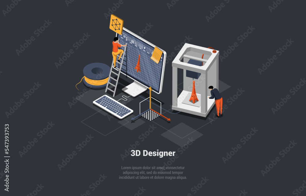 Concept Of 3D Design And Freelance Work. Creative Team Of 3D Graphic Designers Making Mock up Of Item On Computer. 3D Learning Courses, School For Web Design. Isometric 3d Cartoon Vector Illustration